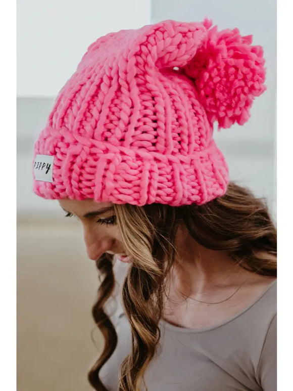 oversized pink vegan cable knit beanie